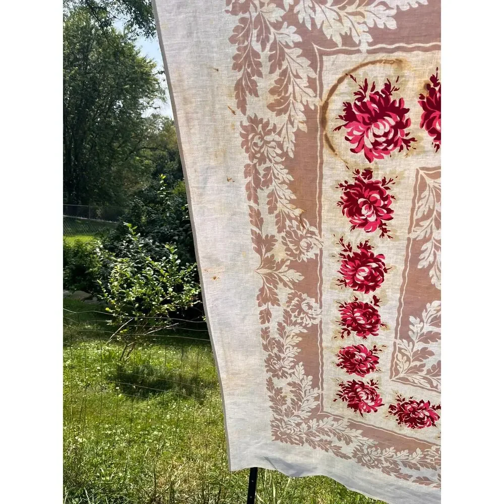 Vintage Tablecloth with Red and Pink Roses and Leaves